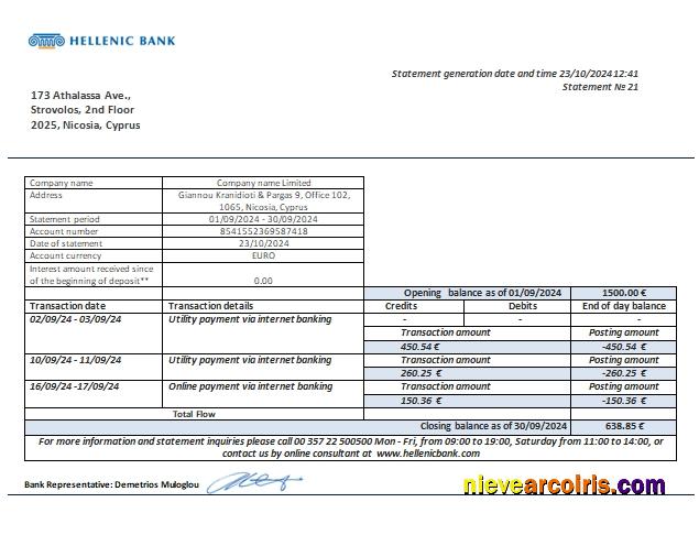 Cyprus Hellenic bank business bank statement scr